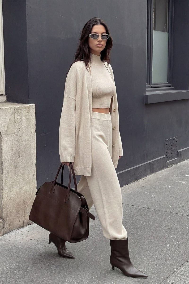 Dames Gebreide Set Met Cardigan En Wijde Broek