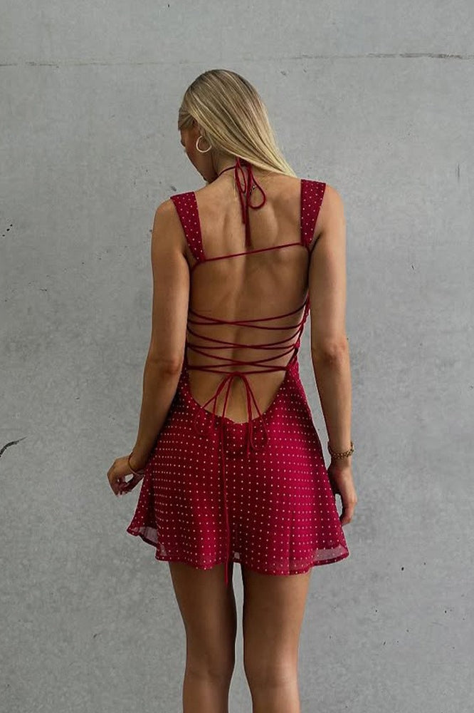 Rode Chiffon Minijurk met Polkadots, Open Rug en Strikjes