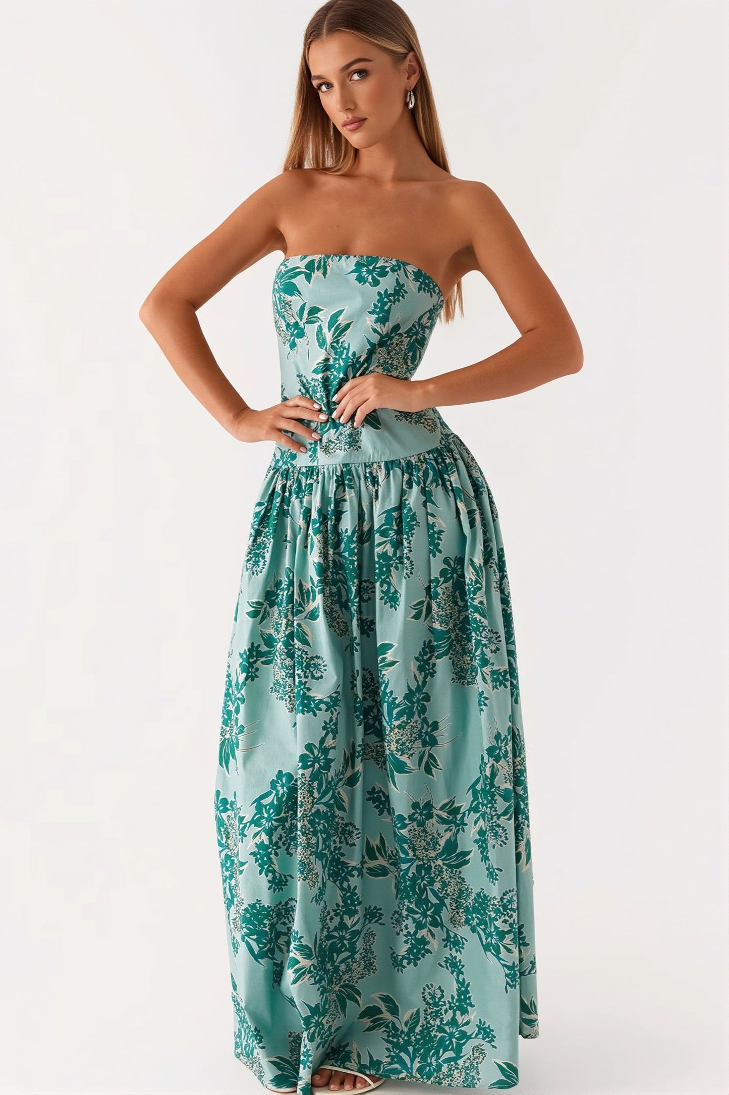 Dames maxi jurk met bandeauhals en opvallende print