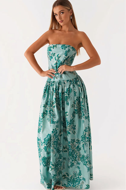 Dames maxi jurk met bandeauhals en opvallende print