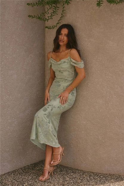 Lichtgroene polyester maxi-jurk zonder rug en zonder bandjes