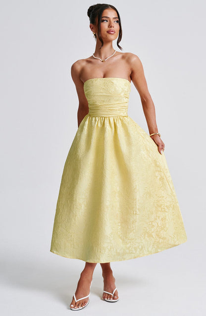 Bloemenjacquard Strapless Plissé Midi-jurk Citroen