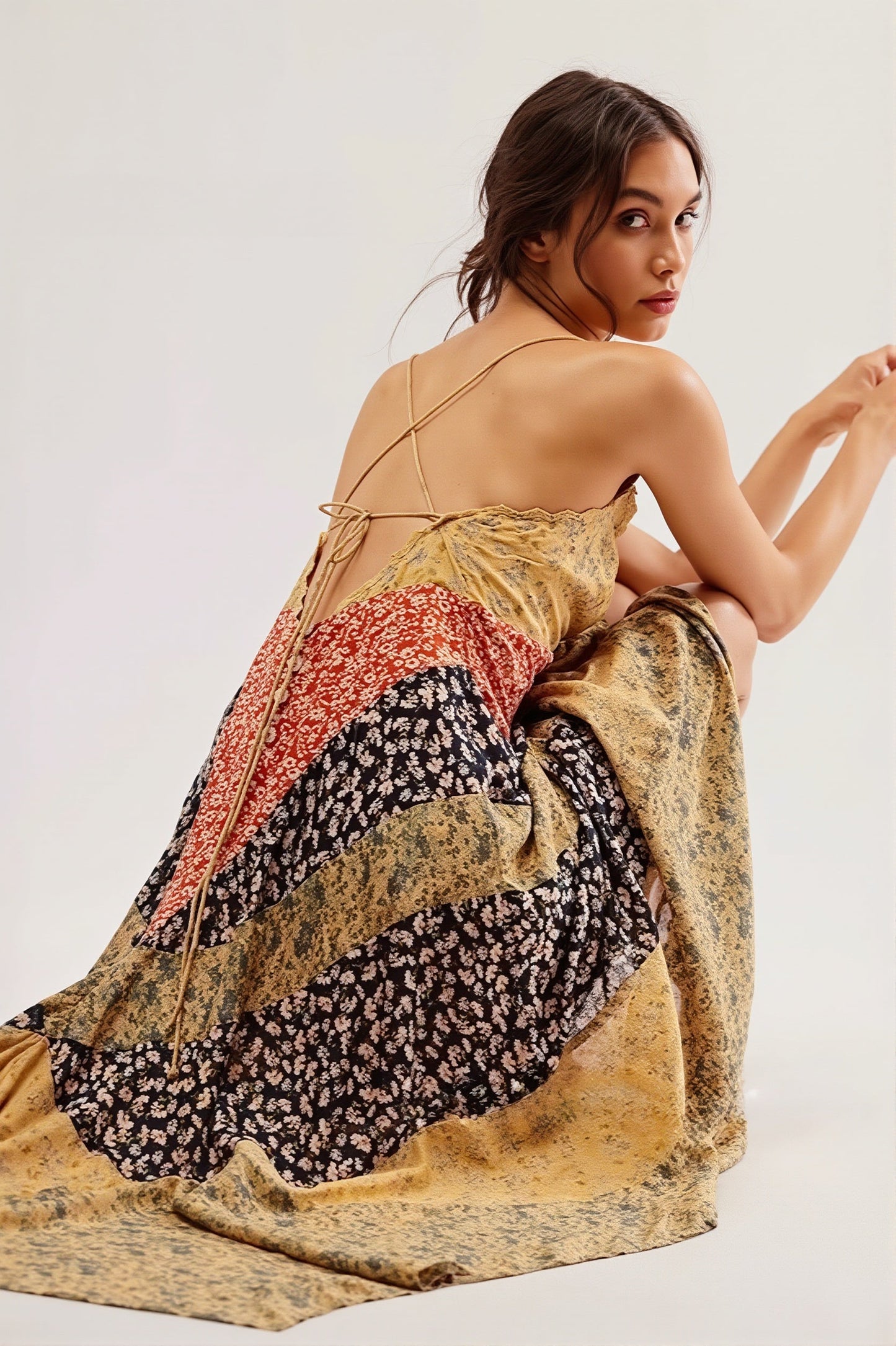 Dames lange jurk met colourblock print, stijlvolle boho zomerlook