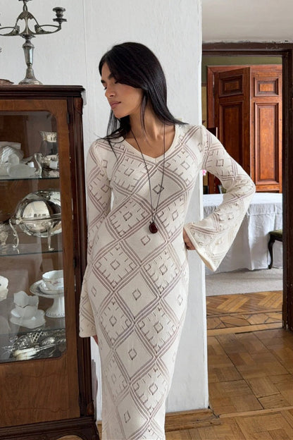 Gebreide Argyle Jacquard Maxi Jurk met Lange Mouwen