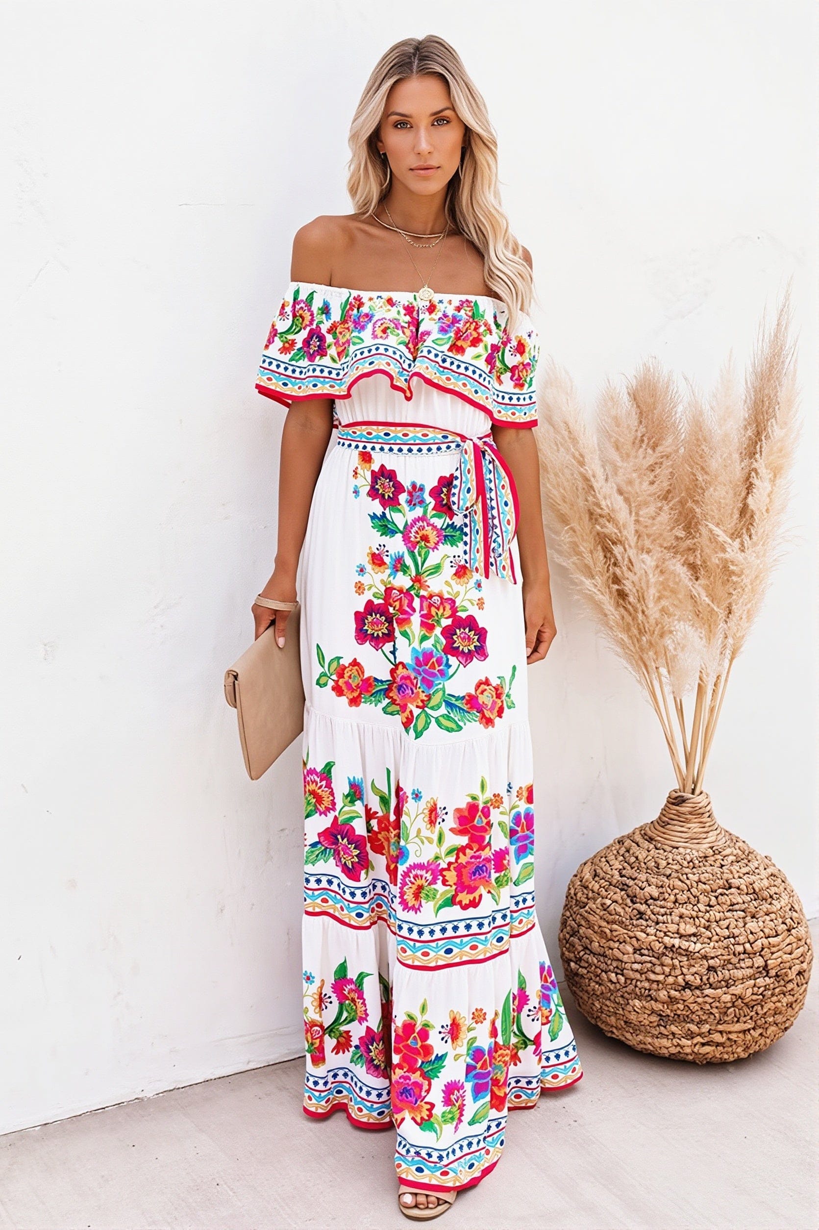 Dames maxi jurk met off-shoulder hals, ruches en bloemenprint