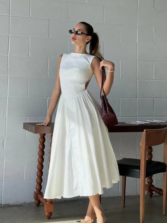 Elegant Backless Women White Sleeveless Midi Dress Fashion Slim O-neck Pleated Hem A-line Dresses Summer Female Chic Party Robes