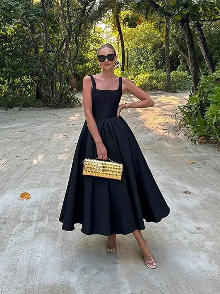 Elegant Black Sleeveless Women Sling Maxi Dress Fashion Square Neck Pleated Hem A-line Dresses Summer Lady Chic High Street Robe