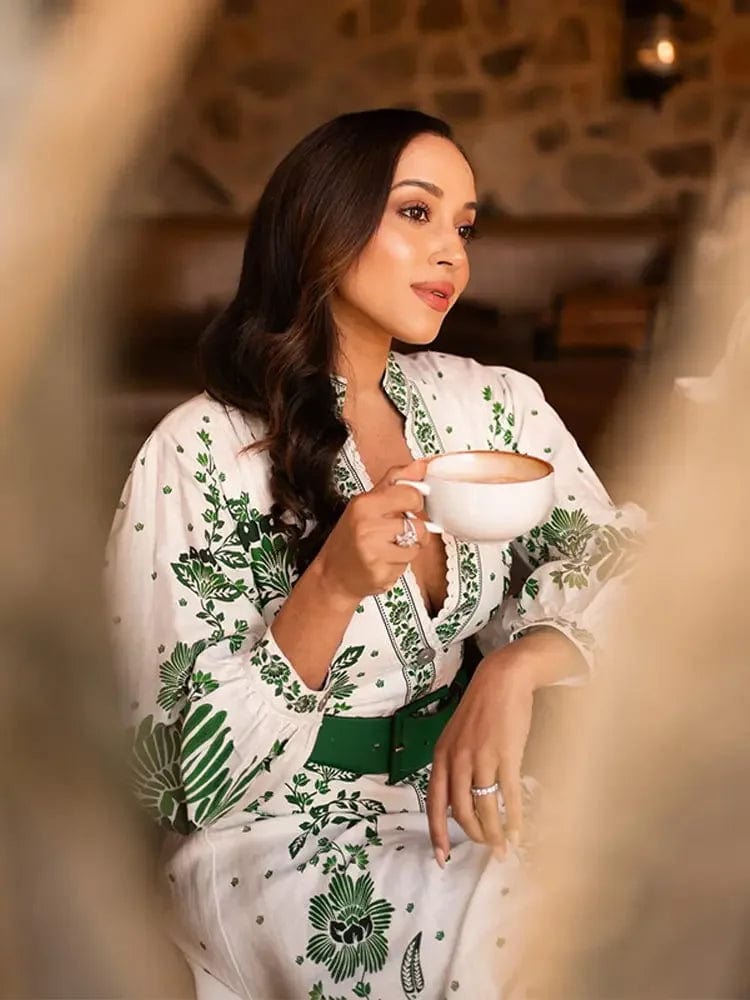 Wit Groene Ibiza Stijl Maxi Jurk Met Zomer Print – Ibiza Vibe