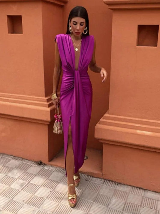 Elegant Solid Pleated Women Midi Dress Sexy Deep V-neck Sleeveless Split Bodycon Dresses 2024 Summer Lady Party Club Robes