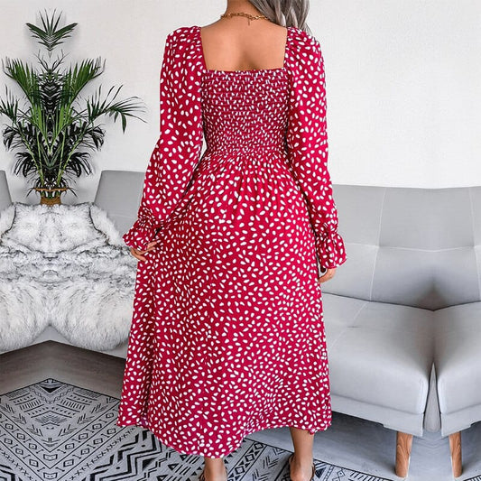 Elegante Rode Long Sleeve Maxi Jurk Met Boheemse Print