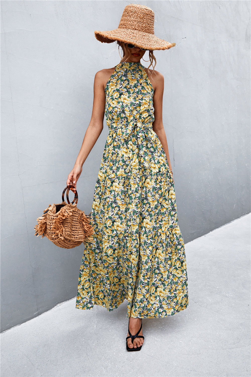 Geprinte Mouwloze Maxi Jurk met Tailleband