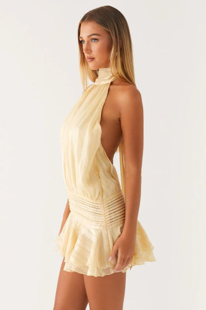 Halter satijn jacquard gestreepte mini jurk