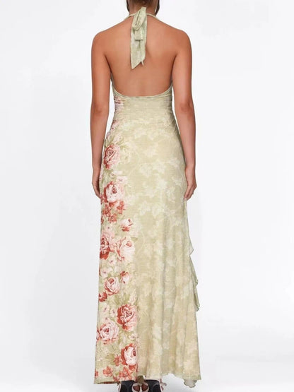 Maxi-jurk met bloemenprint en halternek met plooien in geel