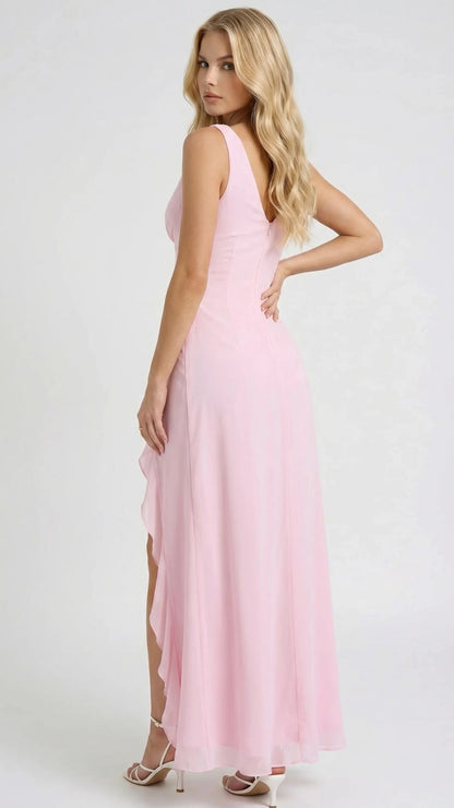 Mouwloze maxi-jurk met ruches en hoge split