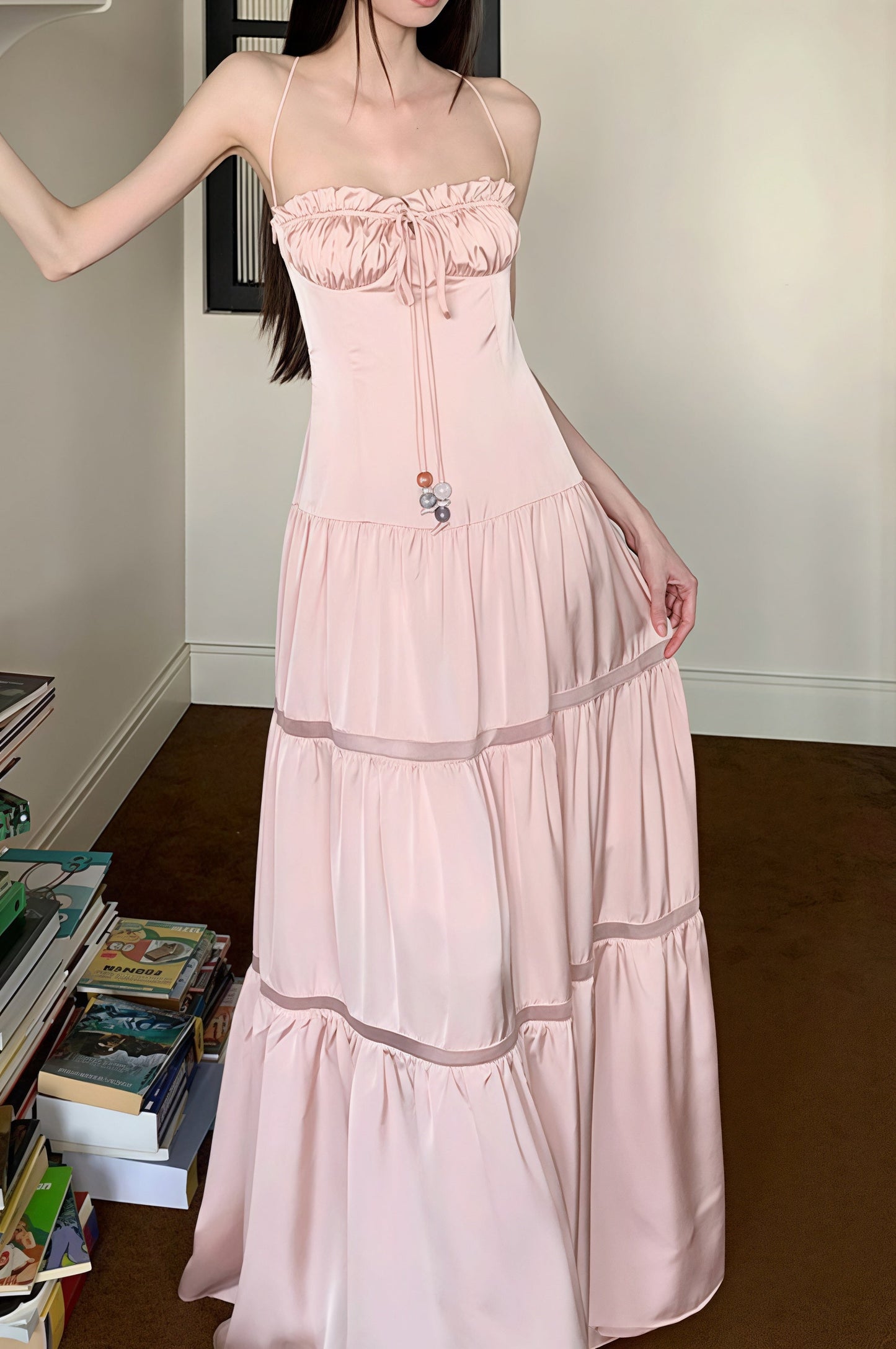 Satin Strapless Maxi Jurk met Strik Roze