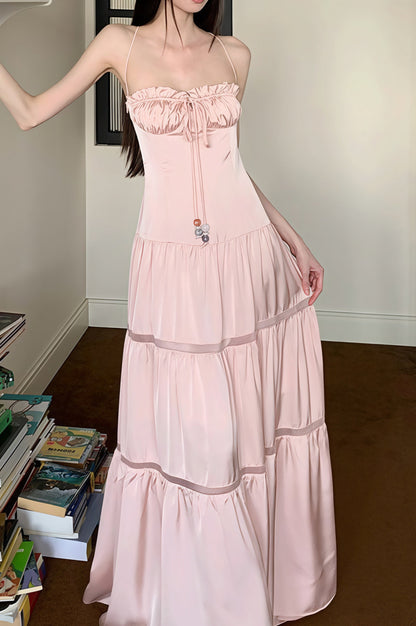 Satin Strapless Maxi Jurk met Strik Roze