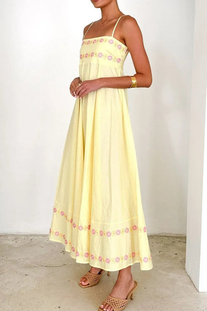 Maxi jurk met bloemenborduursel en spaghetti bandjes van polyester