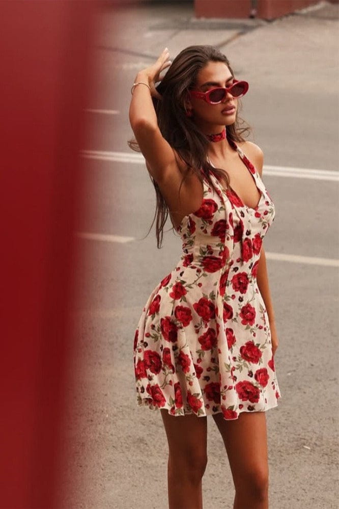 Dames Halter Mini Jurk Met Print En Open Rug