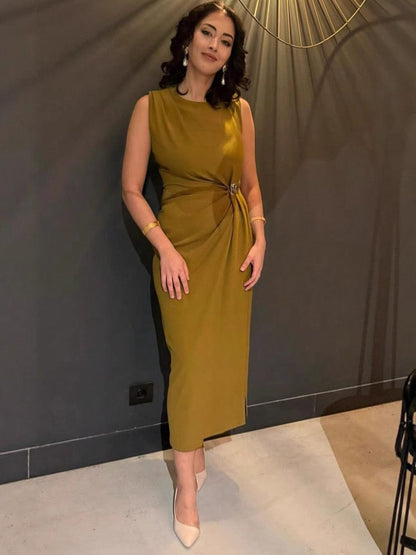 Mouwloze Maxi-Jurk van Polyblend met Hoge Split Olijfgroen