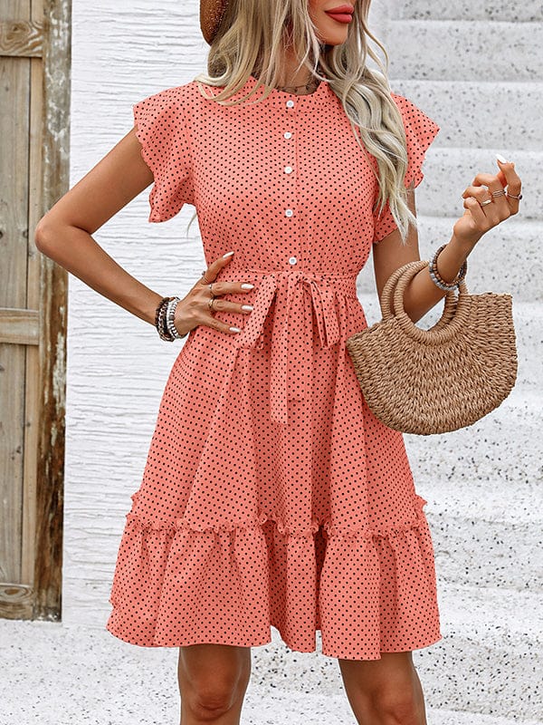 A-lijn geplooide polka dot mini-jurk met gebonden taille