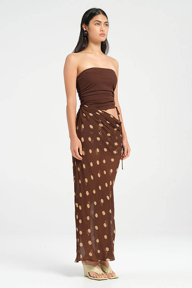 Strapless maxi-jurk met polkadot patchwork en slanke pasvorm