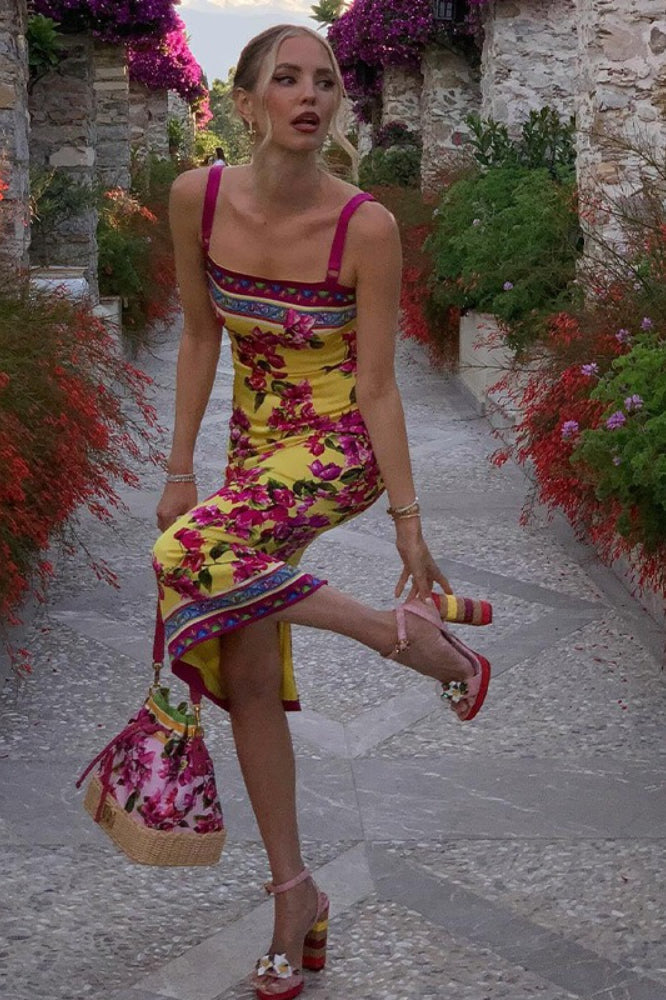 Slim Fit Midi Jurk met Etnische Print en Overslag Geel