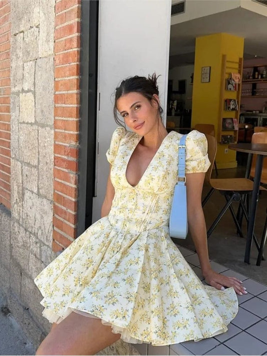 Fashion Flower Printed Women Mini Dress Elegant V-neck Short Sleeve Pleated Hem A-line Dresses Summer Lady Slim Street Robe 2024