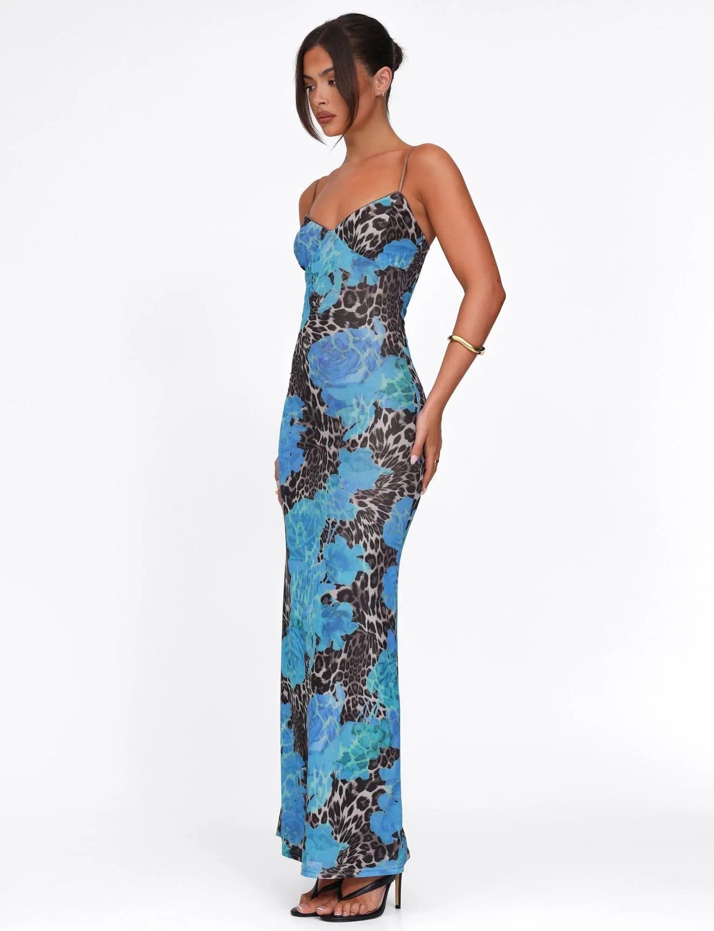 Maxi-jurk met bloemenprint, sweetheart halslijn en aansluitende pasvorm, blauw