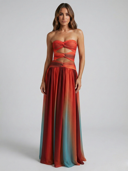 Dames Strapless Maxi Jurk Gedraaide Buste Taille Openingen Verloop Rood