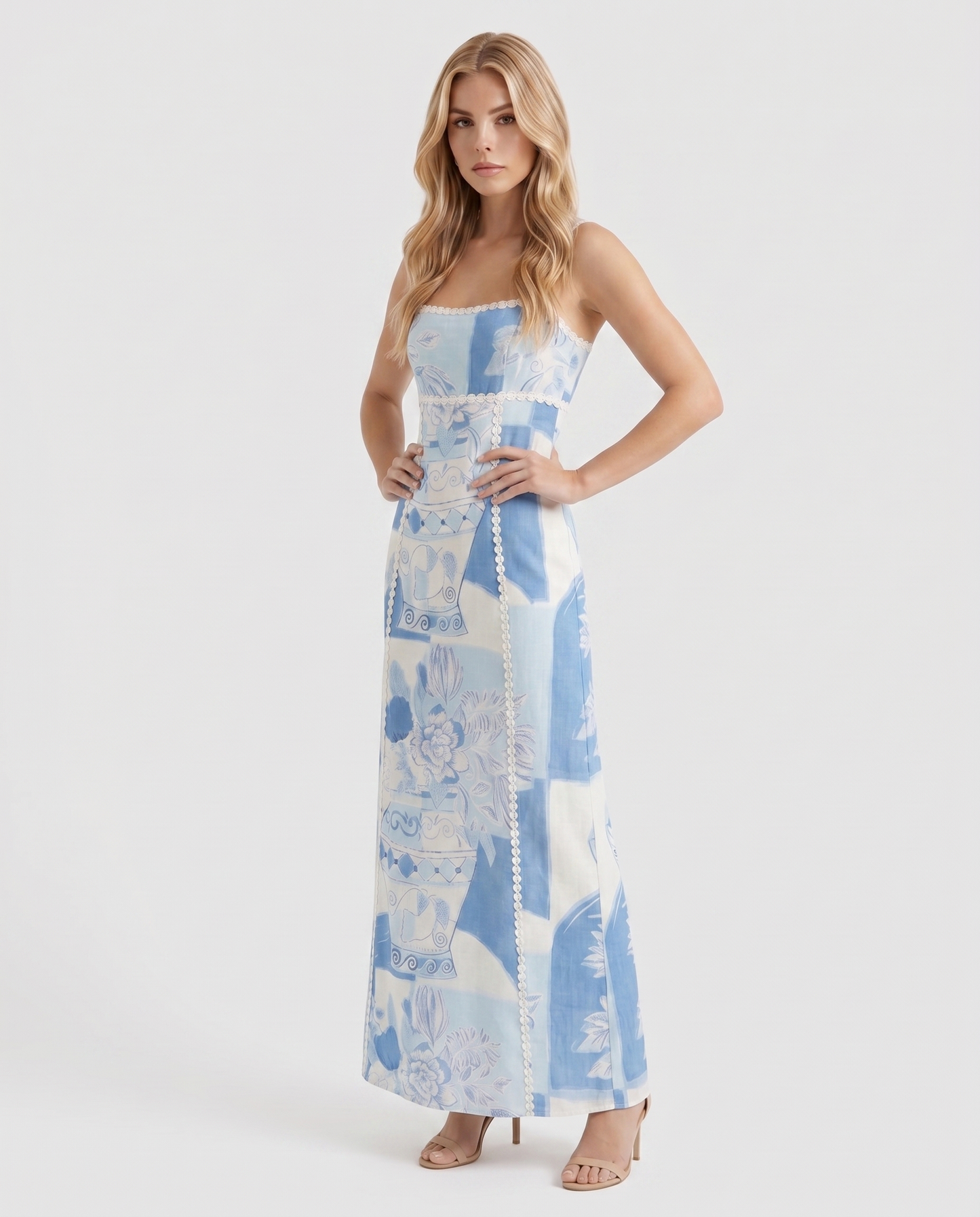 Maxi-jurk met strapless en Mediterrane print
