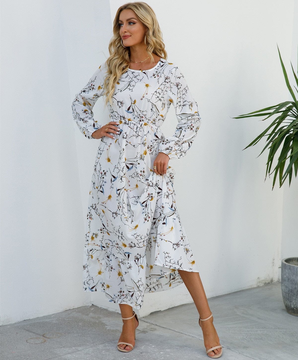 Feestelijke Witte Bohemian Jurk Met Bloemen Print Midi