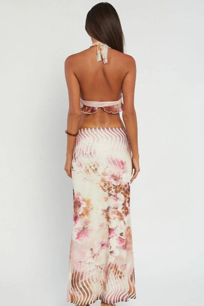 Halternek Maxi Rok Set met Bloemenprint Roze