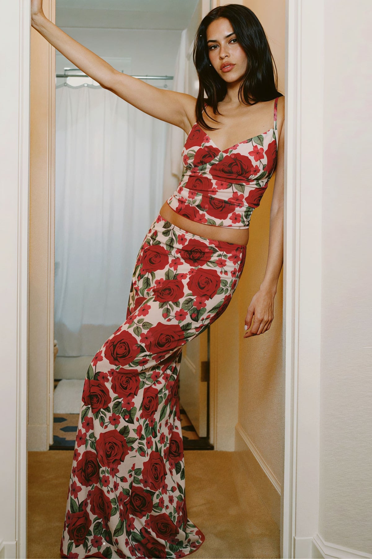 Floral Print Bodycon Cami Maxi Rok Set Rood
