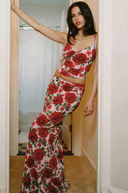 Floral Print Bodycon Cami Maxi Rok Set Rood