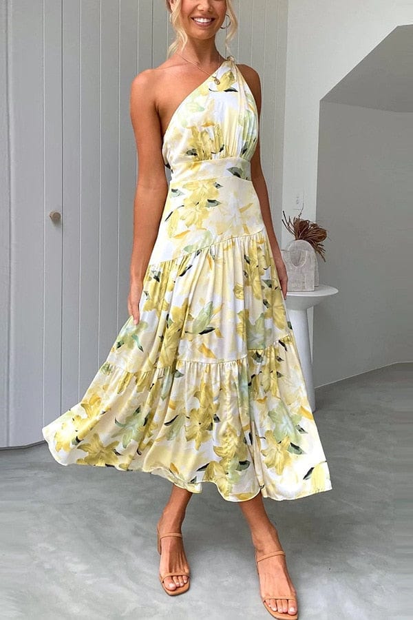 Formele Gele Midi Jurk Met Zomerse Print