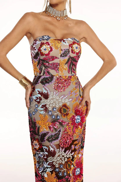 Geborduurde Pailletten Strapless Maxi Jurk zonder Rug Paars