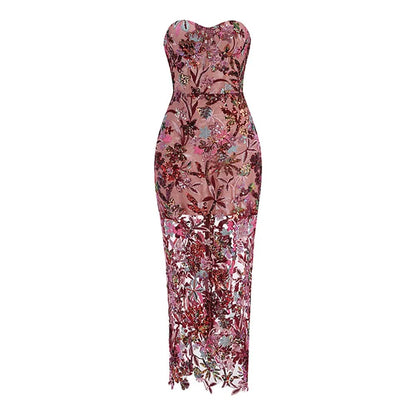 Geborduurde Pailletten Strapless Maxi Jurk zonder Rug Paars