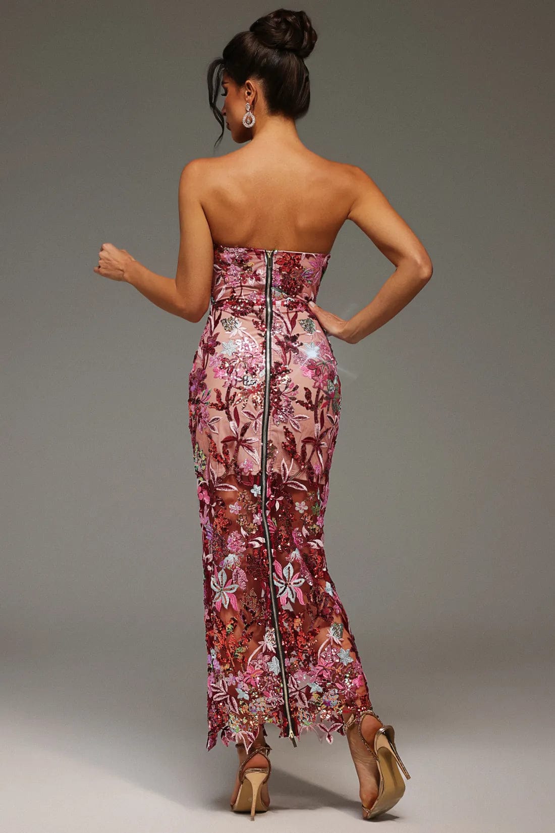 Geborduurde Pailletten Strapless Maxi Jurk zonder Rug Paars