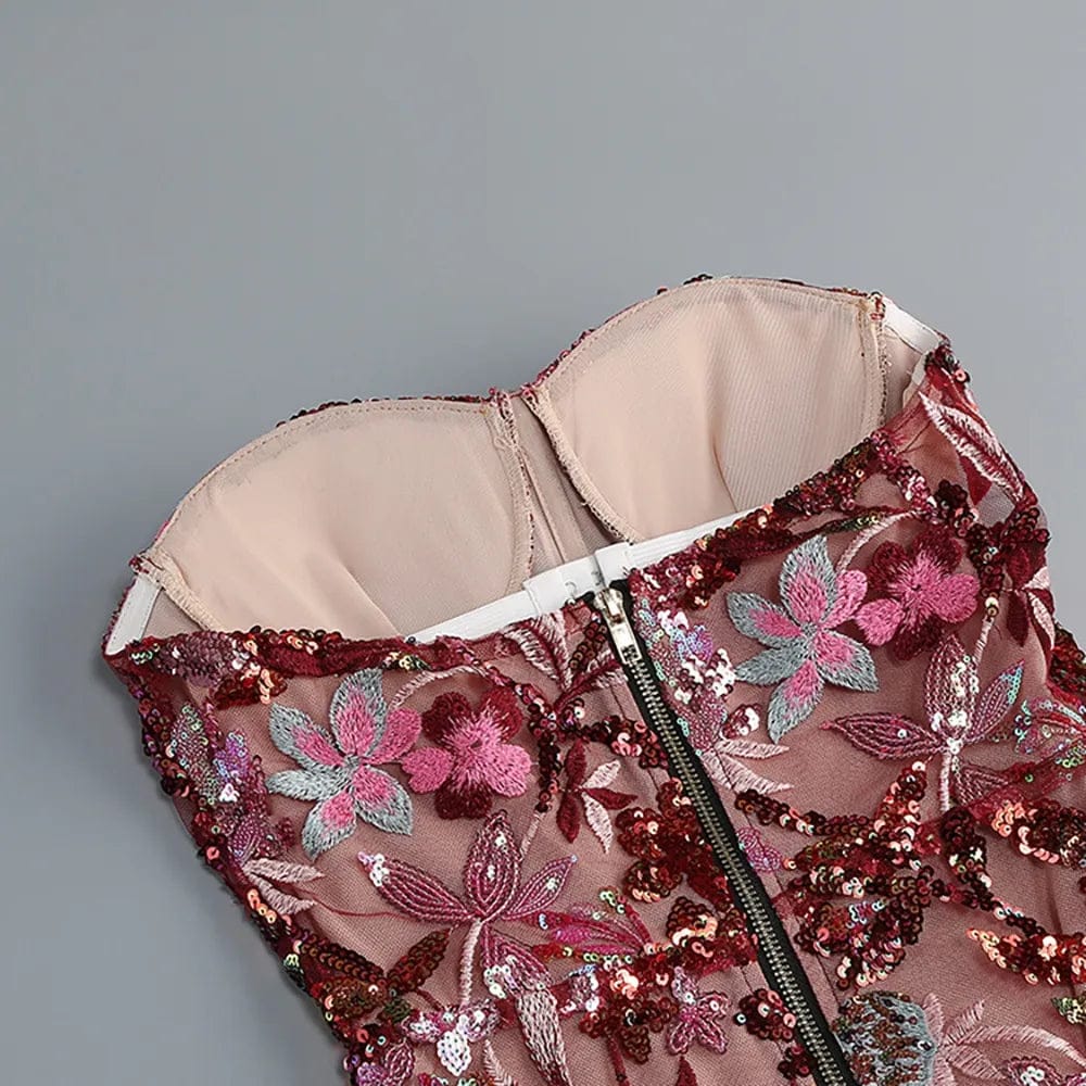 Geborduurde Pailletten Strapless Maxi Jurk zonder Rug Paars