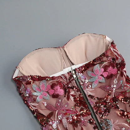Geborduurde Pailletten Strapless Maxi Jurk zonder Rug Paars