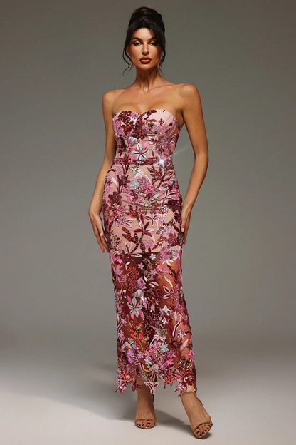 Geborduurde Pailletten Strapless Maxi Jurk zonder Rug Paars