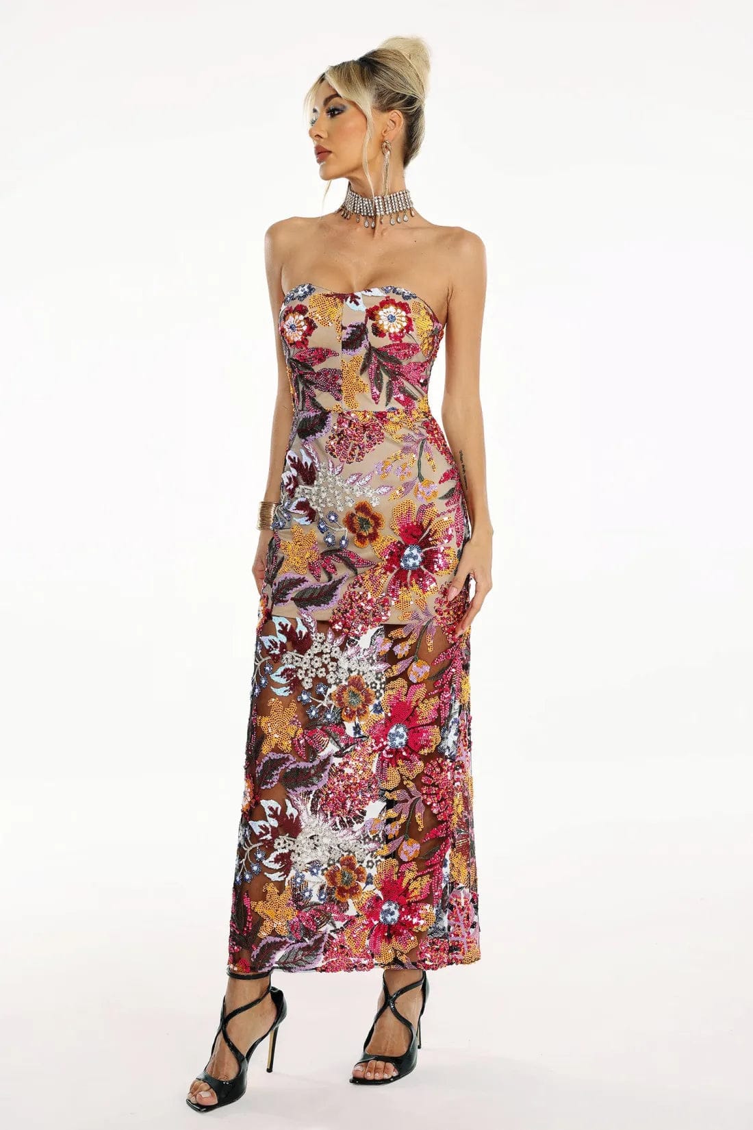 Geborduurde Pailletten Strapless Maxi Jurk zonder Rug Paars