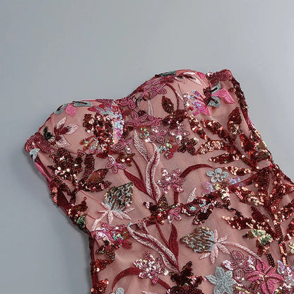 Geborduurde Pailletten Strapless Maxi Jurk zonder Rug Paars