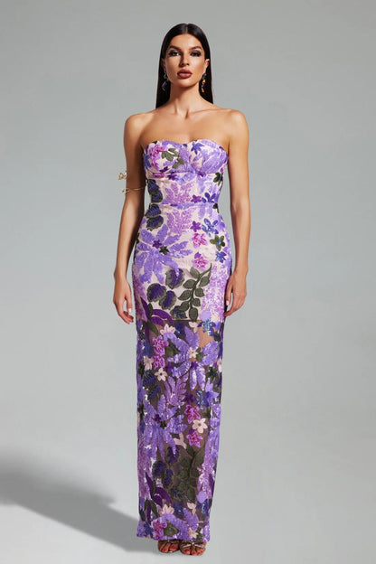 Geborduurde Pailletten Strapless Maxi Jurk zonder Rug Paars
