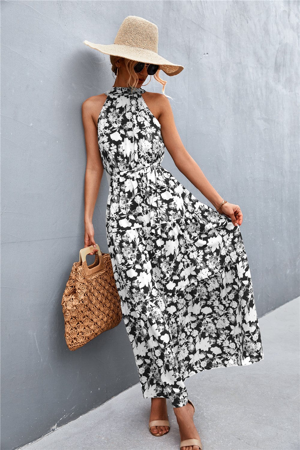 Geprinte Mouwloze Maxi Jurk met Tailleband