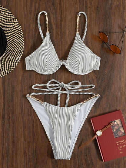 Grijs Gestreepte Vintage Bikini
