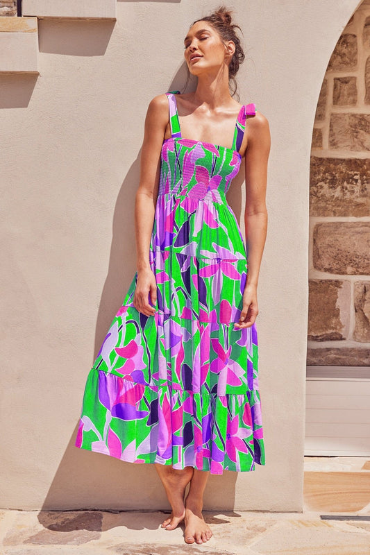 Groen/Paars Gekleurde Zomerse Maxi Jurk Ibiza Stijl Met Print