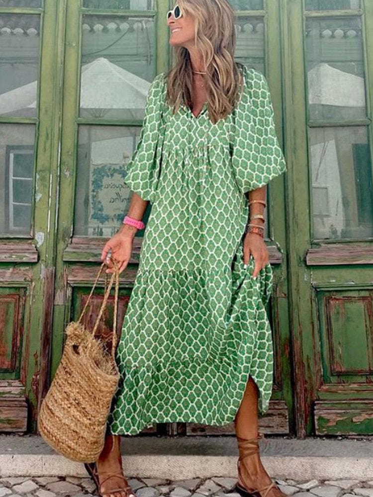 Groene Ibiza Jurk met Print Lange Mouwen