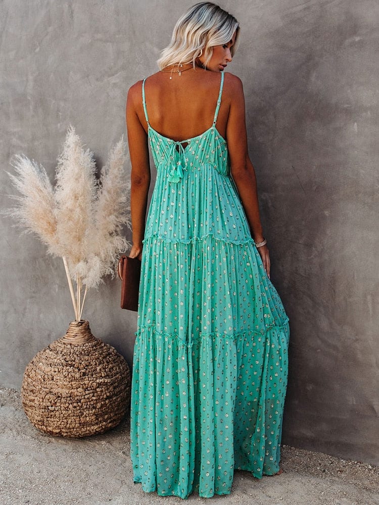 Groene Maxi Jurk Met V-hals En Zomers Ibiza Printje