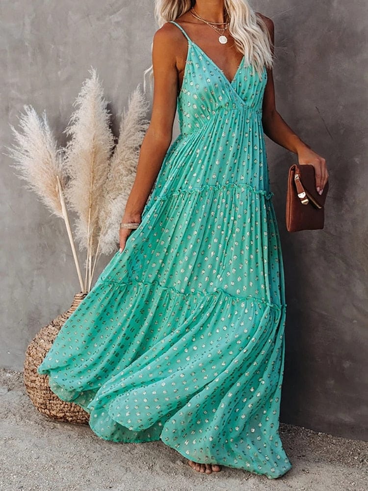 Groene Maxi Jurk Met V-hals En Zomers Ibiza Printje